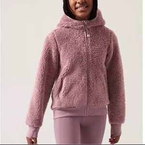 Athleta Girl So Snug Sherpa Jacket Teddy Fleece Zip Hoodie Pink L 12 Cozy Warm
